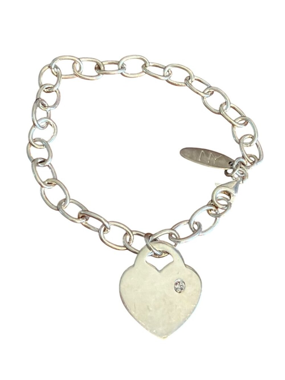 NY & Co Silver Tone Charm Bracelet Heart Dangle Clear Crystal Rhinestone 7"